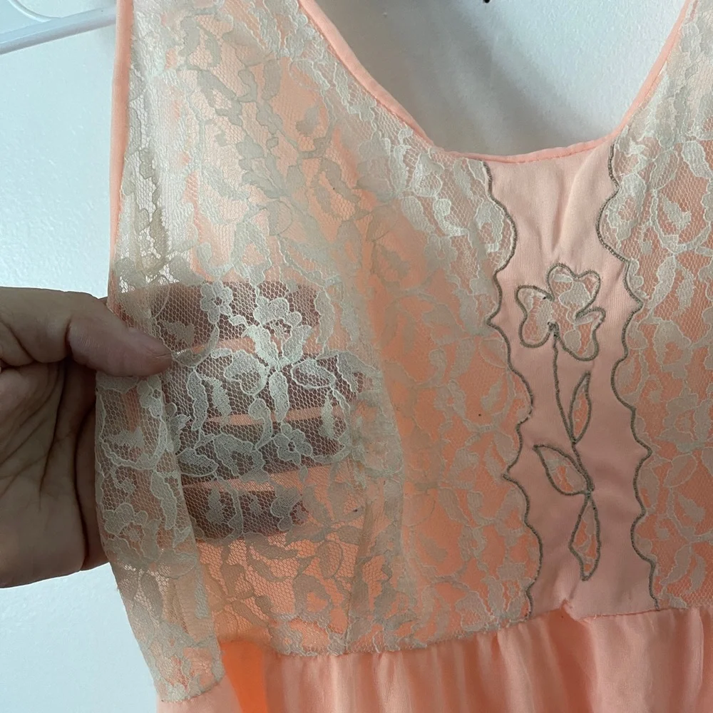 Vintage Pink Nightgown With Sheer Lace Panels and Floral Embroidery - Picture 2 of 8